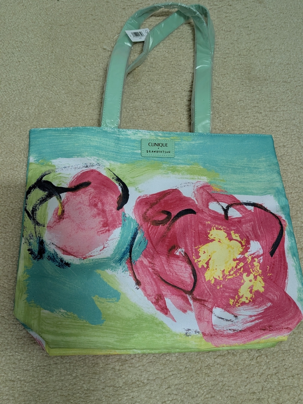Clinique Floral Canvas Tote Bag in Mint and Pink